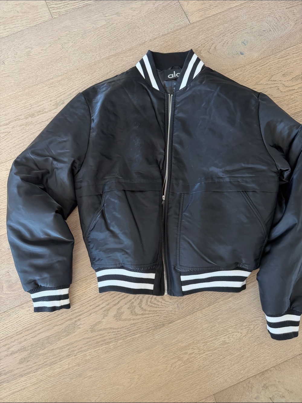 ALO Yoga Black Bomber Jacket with White Striped Ribbing
